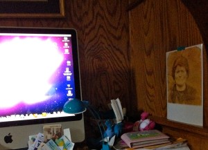 My desk with Great Grandma Chava watching.