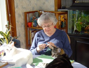 My Mom working on the afghan for my son.