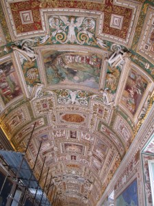 A portion of the ceiling in the extremely long reception hall, also known as the map room because of the frescos of different areas of Italy.